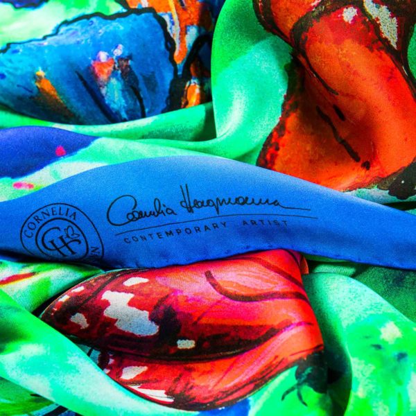 Cornelia Hagmann Contemporary Artist La Galleria Silk Scarf Butterfly Blue, Seidenschal, sciarpa di seta, foulard soie,